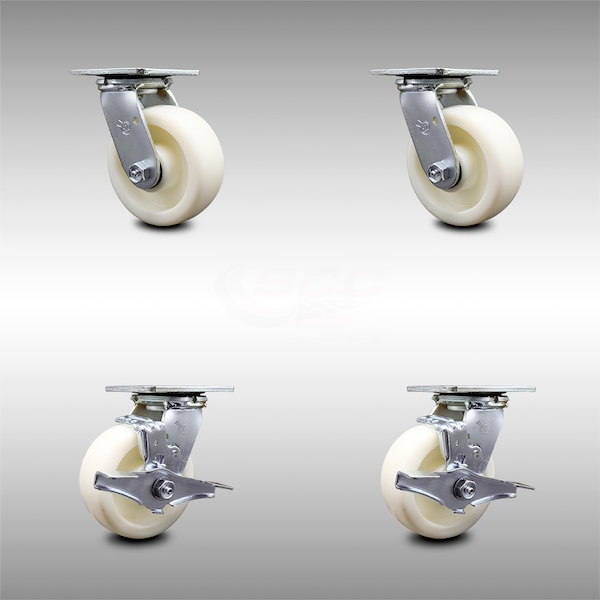 5 Inch Stainless Steel Nylon Swivel Caster Set with Roller Bearings 2 Brakes SCC